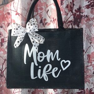 MOM LIFE BLACK TOTE BAG WITH INTERCHANGEABLE BOW BURLAP JUTE BAG NEW